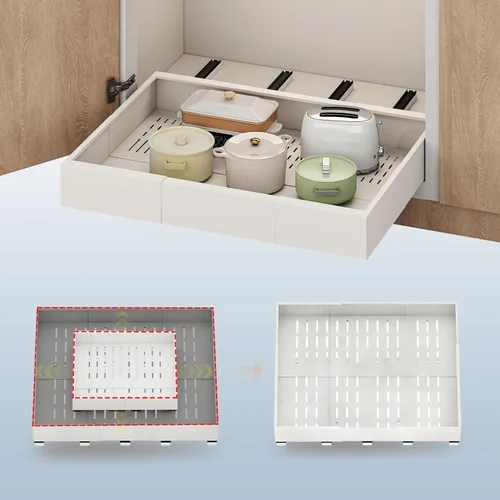 Miniatura 11 de Organizador de Gabinete Extraíble, Ancho Expandible (28 cm-41 cm), Profundidad (43 cm-61 cm) con 3 Carriles, Cajones Deslizantes, Estantes Blanco