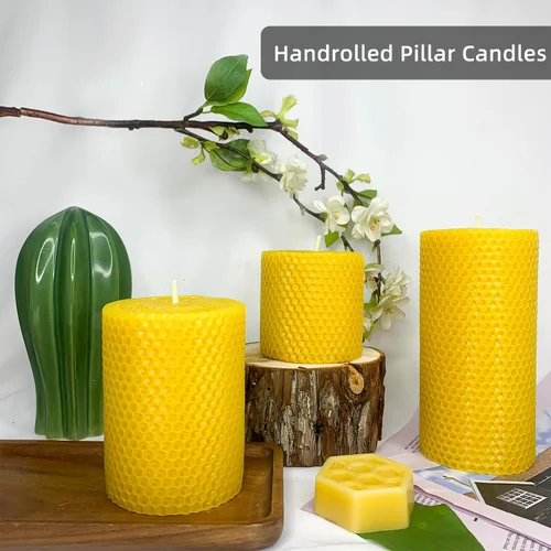 Miniatura 4 de Juego de 3 velas de pilar de cera de abejas, tamaño 3 x 6 pulgadas, 3 x 4 pulgadas y 3 x 3 pulgadas, hoja de vela de cera de abejas naturales