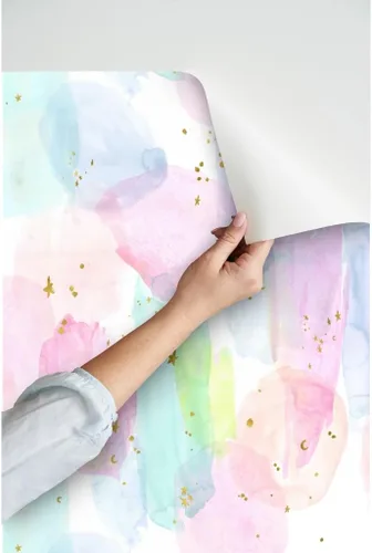 Miniatura 3 de Papel tapiz autoadhesivo para despegar y pegar, diseño de estrellas de acuarela de arcoíris, dorado, algodón, caramelo, pastel, unicornio, papel