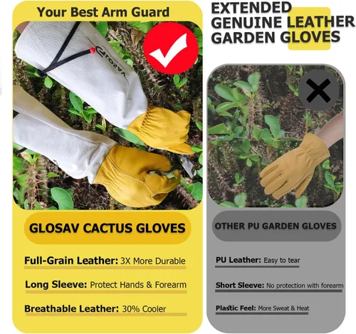 Miniatura 4 de Guantes de jardinería a prueba de espinas para poda de rosas y recortes de cactus, guantes largos de cuero de jardín para mujeres y hombres (talla M)