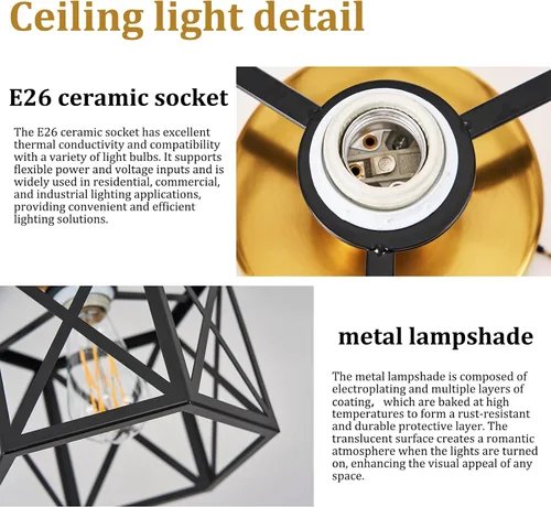 Miniatura 8 de Lámpara de Techo Moderna de Granja Negra y Dorada, Lámpara de Techo Industrial Semiempotrada, Accesorios de Iluminación Hexagonal para Pasillo