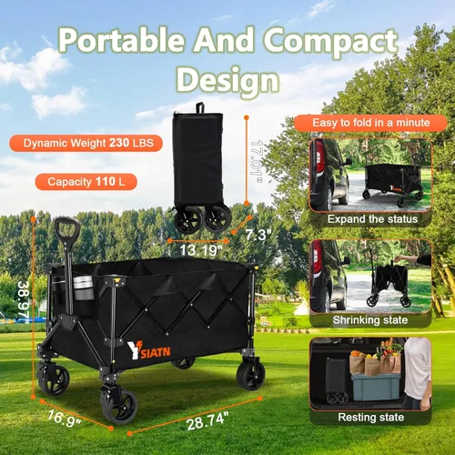 Miniatura 8 de Carrito de Vagón Plegable con Ruedas, Carrito de Vagón Plegable con Ruedas Todo Terreno, Carrito de Comestibles Grande con Ruedas, Vagones Black-6