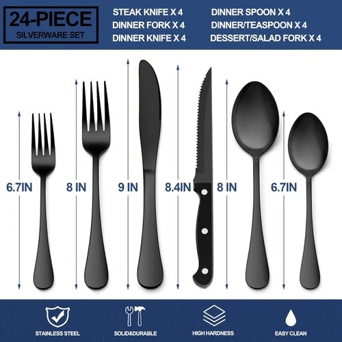 Miniatura 2 de E-far Juego de cubiertos negros de 24 piezas con cuchillos para carne, cubiertos de acero inoxidable para 4, modernos juegos de utensilios de metal