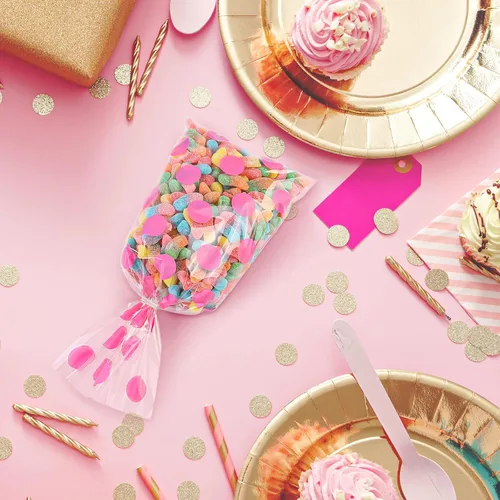 Miniatura 5 de Aodaer 100 bolsas de celofán rosa de 10.6 x 5.1 pulgadas, bolsas de plástico de celofán, bolsa de regalo con patrón de rayas de lunares, bolsa