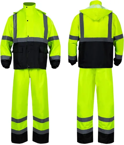 Traje de Lluvia de Alta Visibilidad Clase 3 con Capucha Plegable en Lima Reflectante, Chaqueta y Pantalones de Seguridad Impermeables para