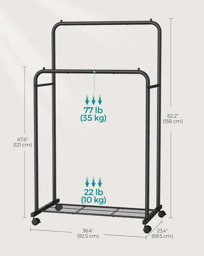 Miniatura 6 de SONGMICS Perchero de doble barra con ruedas, perchero para colgar ropa, perchero resistente con estante de almacenamiento de malla, 2 frenos, cada