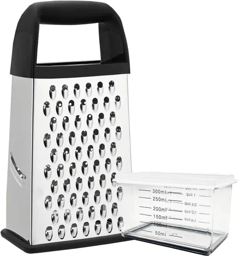 Rallador de queso XL4 lados para cocina con contenedor, 100% libre de BPA, acero inoxidable, caja de verduras, rallador de parmesano, mango