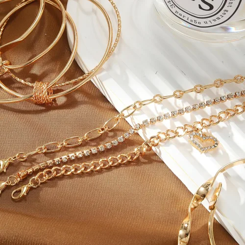 Miniatura 5 de IFKM Juego de 6 pulseras de cadena de oro bohemio para mujer, chapado en oro de 14 quilates, múltiples capas, apilables, abiertas, con eslabones