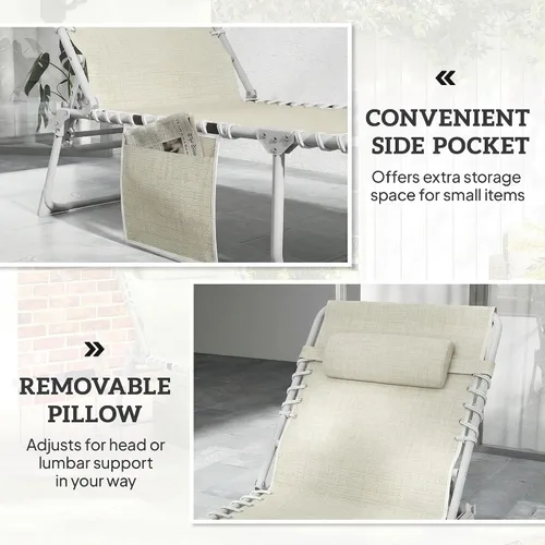 Miniatura 9 de Outsunny Silla bronceadora con agujero facial, mesa auxiliar, sillón reclinable plegable de 5 posiciones, tumbona reclinable, correas de transporte
