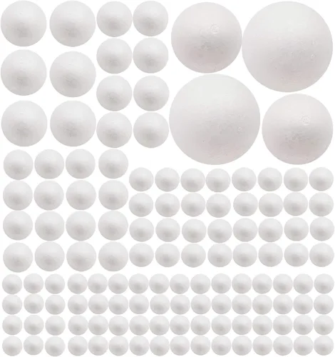 Paquete de 129 bolas de espuma para manualidades, 7 tamaños incluyendo de 1 a 4 pulgadas, bolas redondas lisas de poliestireno blanco, bolas de