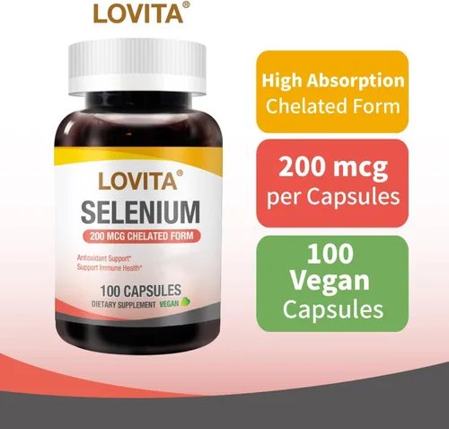Miniatura 2 de LOVITA Selenio 200 mcg, forma quelatada de glicinato para una alta absorción, sin levadura, apoyo para la salud inmunitaria y tiroidea, 100 cápsulas