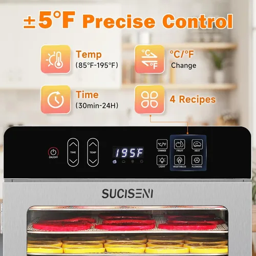 Miniatura 5 de Máquina deshidratadora de alimentos para Jerky 11 pies², deshidratador de acero inoxidable de 12 bandejas 1000W con temporizador de 24H, control