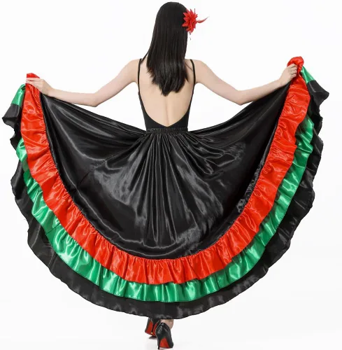 Miniatura 4 de Falda larga de baile para adultos, color negro, rojo, verde, falda folklórica para disfraz de Halloween flamenco mexicano