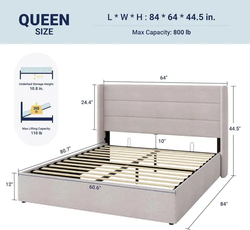 Miniatura 2 de Allewie Cama de almacenamiento elevable tamaño Queen, cabecera moderna con respaldo alado, soporte hidráulico, no necesita somier, color beige claro