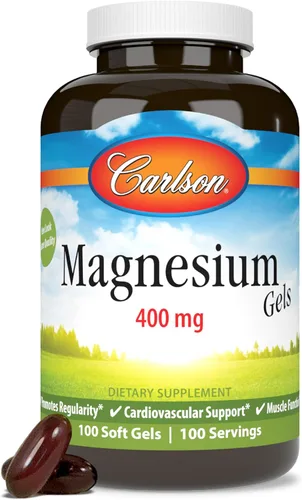 Carlson - Geles de magnesio, 400 mg de magnesio por cápsula blanda, soporte cardíaco y muscular, cápsulas de gel de magnesio, función intestinal,