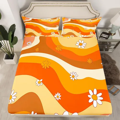Juego de sábanas bajeras retro de flores hippie para niños y niñas, juego de ropa de cama con estampado de flores, tamaño individual, juego de