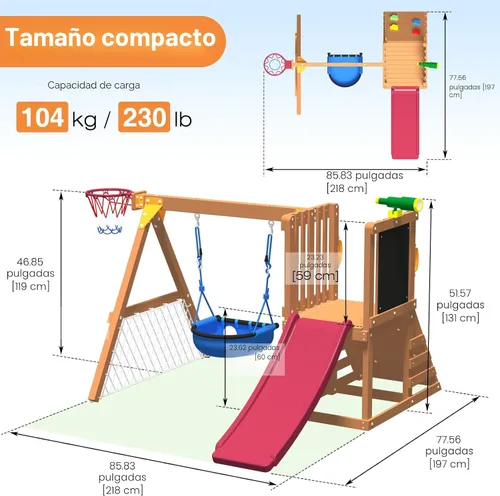 Miniatura 2 de Juego de columpio y tobogán para niños pequeños de 86 x 78 pulgadas, juegos de madera 6 en 1 para patios traseros con columpio de bebé, tobogán