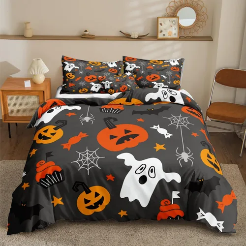 Miniatura 40 de Juego de funda de edredón de calabaza para Halloween, divertido diseño de calabaza malvada, color negro, juego de ropa de cama Tiwn 1 funda