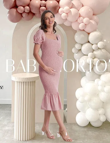 Miniatura 5 de Vestido de maternidad de verano a media pierna, manga corta abombada, cuello cuadrado, dobladillo con volantes, vestido de sirena para baby shower