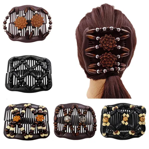 Miniatura 2 de Versátil peine de pelo mágico rizador de pelo doble fila de cuentas de madera peine de pelo (combinación 1)