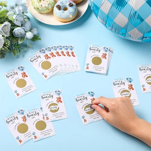Miniatura 4 de Affrolling 100 tarjetas para raspar con diseño de oso para baby shower, para invitados, We Can Bearly Wait, agradecimiento, revelación de género