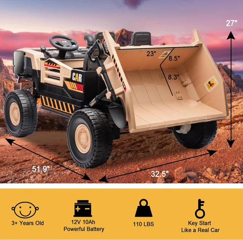 Miniatura 5 de Camión de juguete eléctrico de 12V 10AH de 2 plazas para niños con cama basculante eléctrica, tractor de juguete con control remoto para padres
