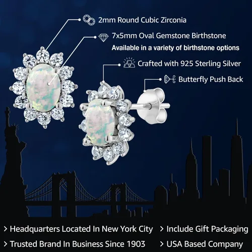 Miniatura 163 de Gem Stone King Aretes ovalados de plata de ley 925 de 0.276 x 0.197 in con piedra natal de la princesa Diana, estilo halo real para mujeres
