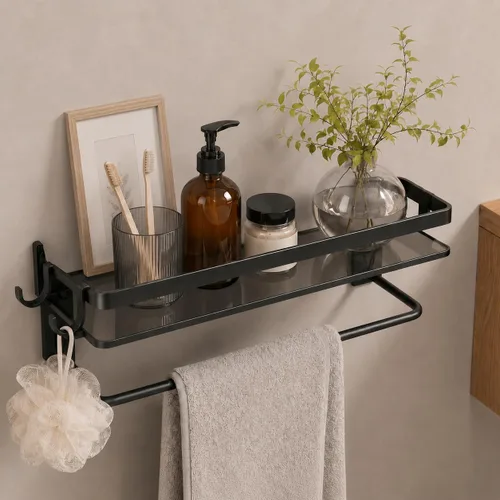 Miniatura 10 de VOLPONE Estante de pared para baño, estantes de vidrio negro, estantes de baño de 15.7in con toallero, estante para toallas, montaje en pared, 2
