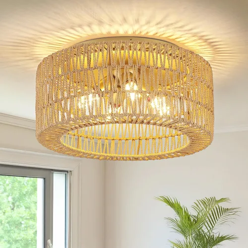 Miniatura 11 de Lámparas de techo de ratán, montaje en techo, 3 luces, lámpara de techo de montaje empotrado estilo boho, lámpara de sombra de jaula tejida a mano