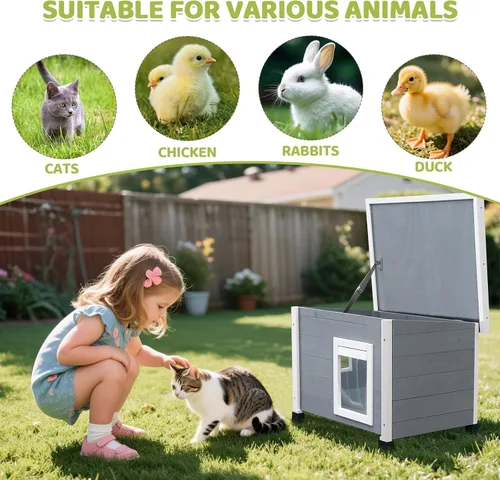 Miniatura 7 de Agitree Casa de madera para mascotas al aire libre, refugio de invierno resistente a la intemperie para perros y gatos, diseño elevado con ventana