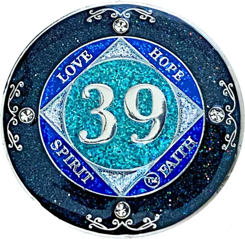 Miniatura 35 de NA 1 año de cristales y medallón de purpurina, moneda chapada en color plateado, arco iris negro, purpurina azul y cuatro cristales transparentes