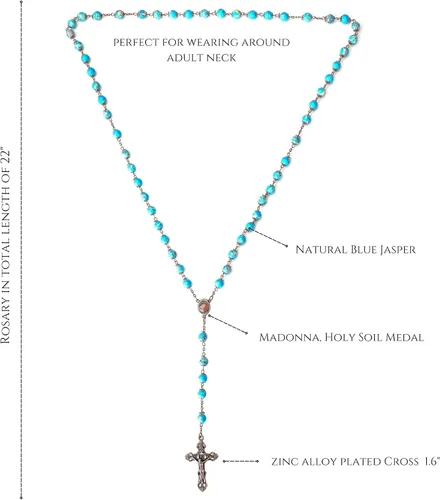 Miniatura 6 de Nazareth Store Collar de cuentas de jaspe azul océano con diseño vintage natural, medalla de suelo sagrado y cruz crucifijo rosarios religiosos