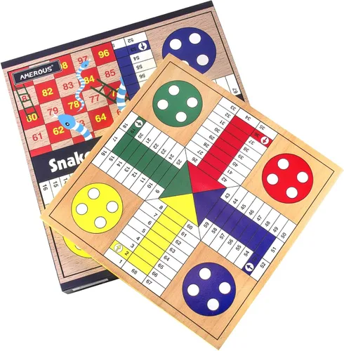 Miniatura 3 de AMEROUS Juego de mesa de ludo de madera de 12 pulgadas - Serpientes y escaleras, reversible 2 en 1, juego de dados familiar de 1-4 jugadores, juego