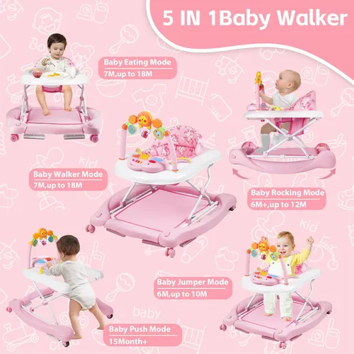 Miniatura 2 de Andador de bebé, 5 en 1 para niños y niñas de 6 a 12 meses, andadores plegables para bebés con gorila y bandeja de alimentación, música, alturas