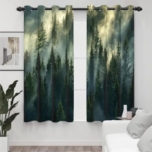 Miniatura 22 de AWERT Cortinas opacas para dormitorio, árbol negro con niebla, naturaleza, amanecer, bosque, 2 paneles para sala de estar, bloqueo de calor, 21 x 45