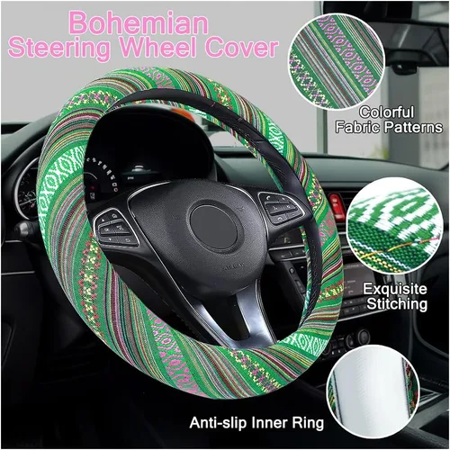 Miniatura 3 de Juego de fundas bohemias para volante, funda para cinturón de seguridad y almohadilla para reposabrazos, tela bohemia para volante de automóvil