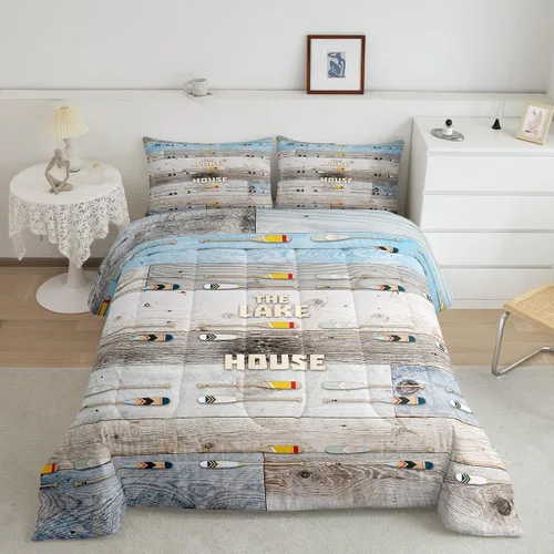 Miniatura 43 de Juego de edredón de casa del lago, tamaño individual, juego de ropa de cama con ancla náutica para niños, adolescentes y adultos, edredón retro