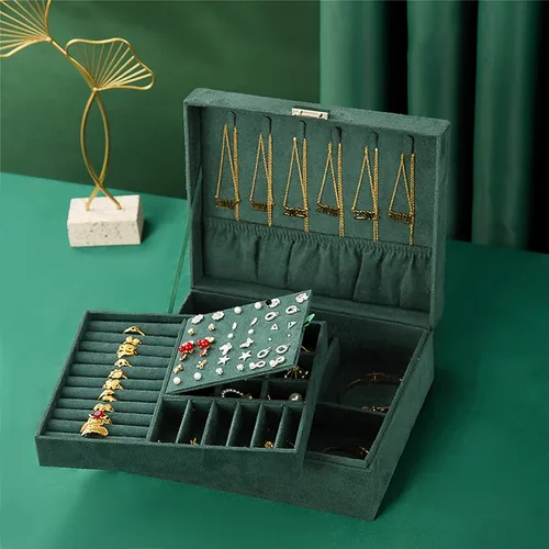 Miniatura 5 de JACIEYU Caja organizadora de joyas grande para mujer caja de almacenamiento de franela de terciopelo con cerradura de seguridad verde oscuro