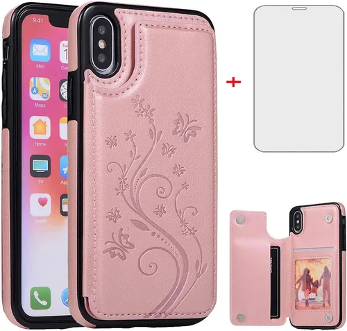 Miniatura 10 de Funda de teléfono para iPhone Xs Max de 6.5 pulgadas 2018 con protector de pantalla de vidrio templado, tarjetero con tapa de cuero para celular i X
