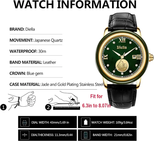 Miniatura 5 de Diella Luxury Dress Watches for Men with Japanese Quartz Movement, Men's Classic Wrist Watches with Black Leather Band, Dark Jade, Gold and Steel