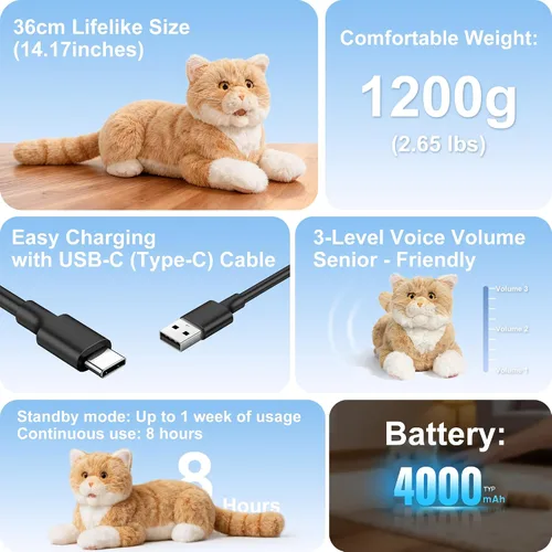 Miniatura 6 de Chongker Gato robot interactivo de 24.8 pulgadas de peluche, animales de peluche realistas, gato robótico compañero con latido cardíaco ronroneando