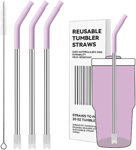 Miniatura 53 de Pajitas de metal rectas para vaso Stanley de 40 onzas, paquete de 3 popotes reutilizables de acero inoxidable con puntas de silicona y cepillo Gris