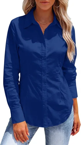 Miniatura 10 de Button Down Shirts for Women Long Sleeve Dress Shirts Collared Work Wrinkle Free Office Solid Blouses Fitted Tops