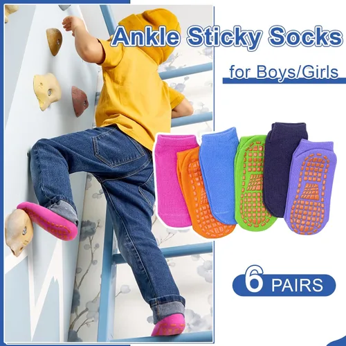 Miniatura 3 de HYCLES Calcetines antideslizantes para niños y niñas, calcetines adhesivos para el tobillo, calcetines antideslizantes para niños, 6 pares