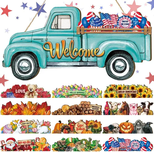 Miniatura 9 de Ferraycle Letrero de bienvenida intercambiable con el 250º aniversario para decoración de camión con 12 iconos de vacaciones, decoración rústica