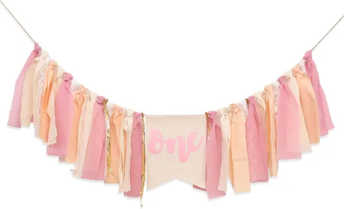 Cartel para silla alta de primer cumpleaños con tema rosa para niña, decoración bohemia para el primer cumpleaños con diseño de pastel (PINK ONE HF)