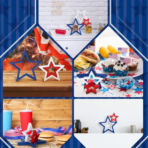 Miniatura 4 de Blulu 3 piezas de decoración patriótica del 4 de julio, letreros de madera de estrella de Estados Unidos, color rojo, blanco y azul, estrella