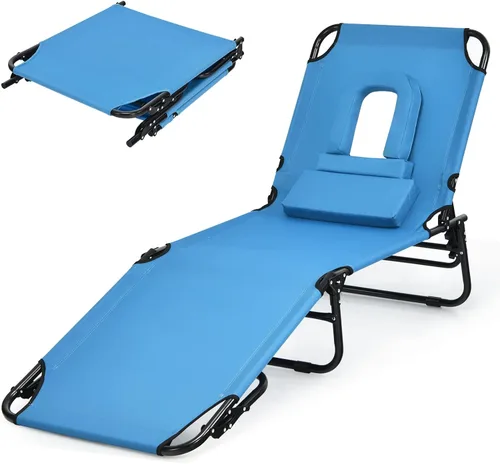 Sillón plegable de playa con 5 respaldos ajustables y almohada acolchada, tumbona para tomar el sol, silla plana de bronceado para cubierta de Azul
