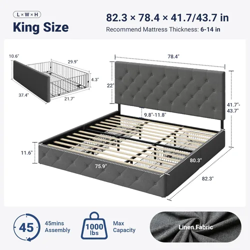 Miniatura 2 de Allewie - Base de cama con plataforma de tamaño King, tapizada, con 4 cajones de almacenamiento y cabecera, diseño cosido en forma de diamante