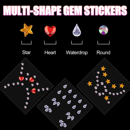 Miniatura 4 de Juego de 6 hojas de calcomanías para la cara, 2 unidades, diamantes de imitación autoadhesivos con forma de arco iris, con pegamento de maquillaje